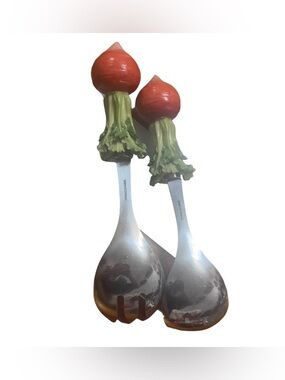 Vintage Radish Ceramic Handle Salad Serving Set Stainless Steel 2pc